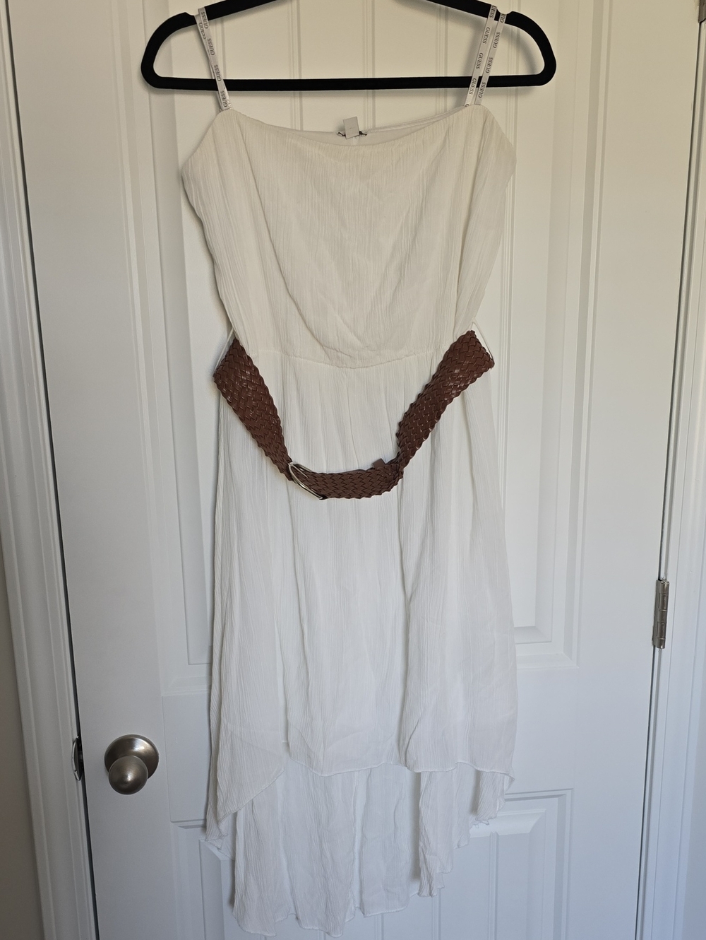 Guess White Strapless High-Low Dress with Brown Woven Belt